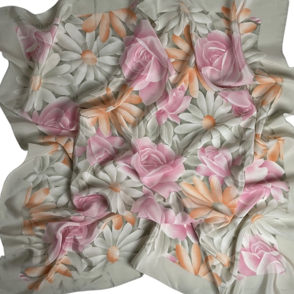 MILA SCHÔN Women's 100% Silk Scarf LUXURY Gray Pink Floral Logo EUC - Picture 7 of 7